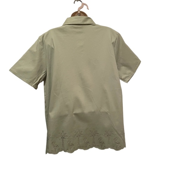 Quacker Factory Short Sleeve Button up Embellished Shirt Rhinestones Large Green - Picture 7 of 8